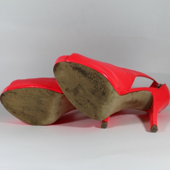 GUESS HONDO PEEP TOE NEON ORANGE HEELS PUMPS 8.5 - Picture 7 of 8
